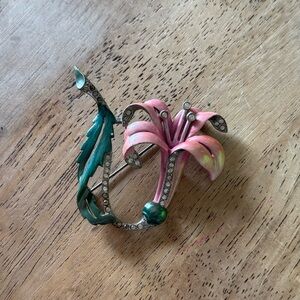 1940s Enamel Rhinestone Floral Brooch